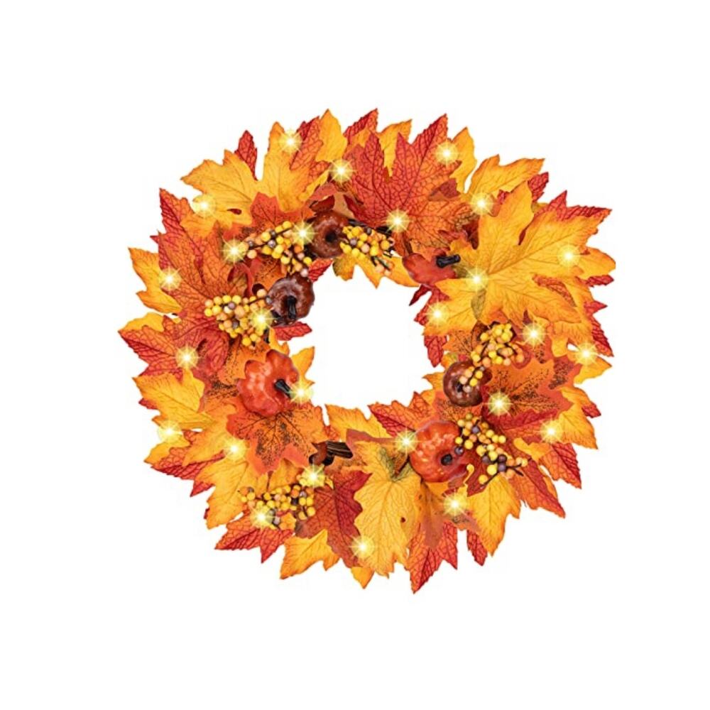 New 17" Thanksgiving Wreath With Lights & Pumpkins